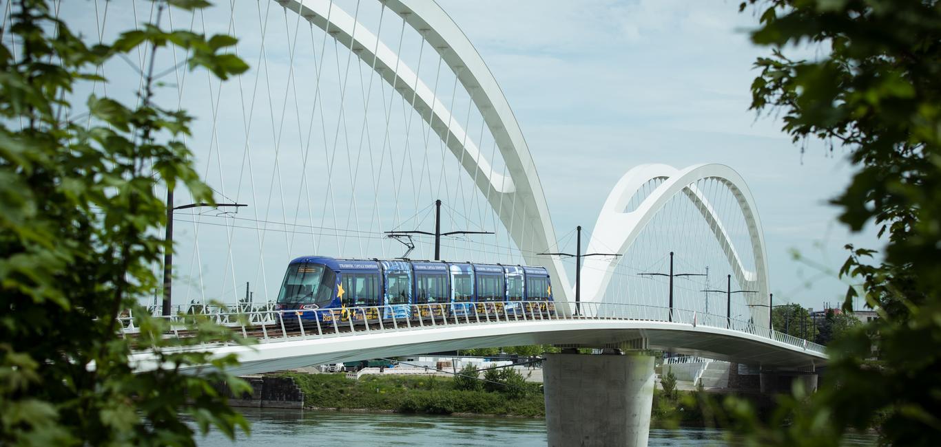 Alstom Citadis tram crossing a bridge in Strasbourg