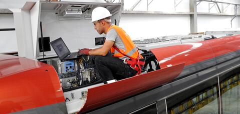 Citadis inside the maintenance depot (EMC) - People working on the roof of the tram - Casablanca - Morocco - November 2012