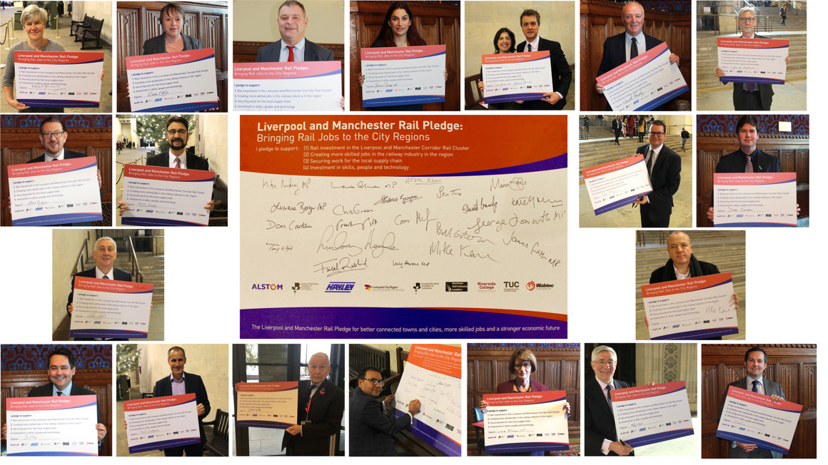 Top row: Kate Green MP, Maria Eagle MP, Mike Amesbury MP, Luciana Berger MP, Lucy Powell MP and James Frith MP, Sir David Crausby MP, George Howarth MPSecond row: Andrew Gwynne MP, Afzal Khan MP, Conor McGinn MP, Dan Carden MP Third row: Sir Lindsay Hoyle MP, Mike Kane MP Bottom row: Stephen Twigg MP, Bill Esterson MP, Frank Field MP, Faisal Rashid MP, Dame Louise Ellman MP, Tony Lloyd MP, Chris Green MP. Members of Parliament pledge to support investment in rail for Liverpool and Manchester corridor