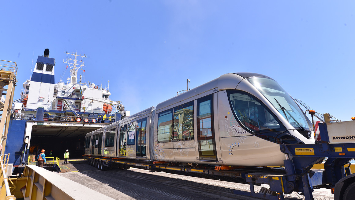 Arrival of the first Alstom Citadis tram  for the Rabat - Salé tramway network