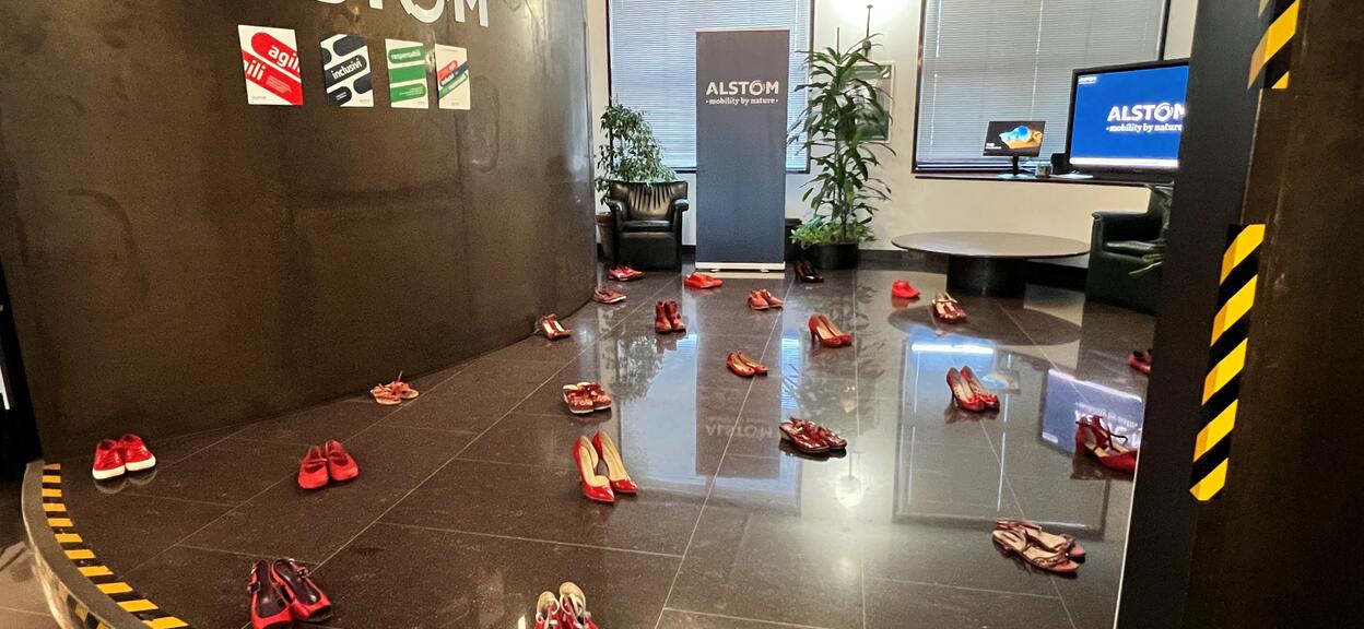 Red shoes installation Italy November 2022 Bologna site