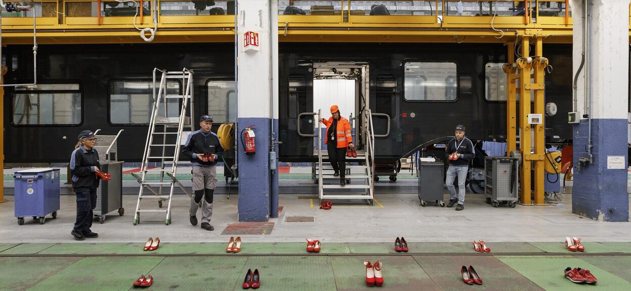 Red shoes installation Italy November 2022 Savigliano site