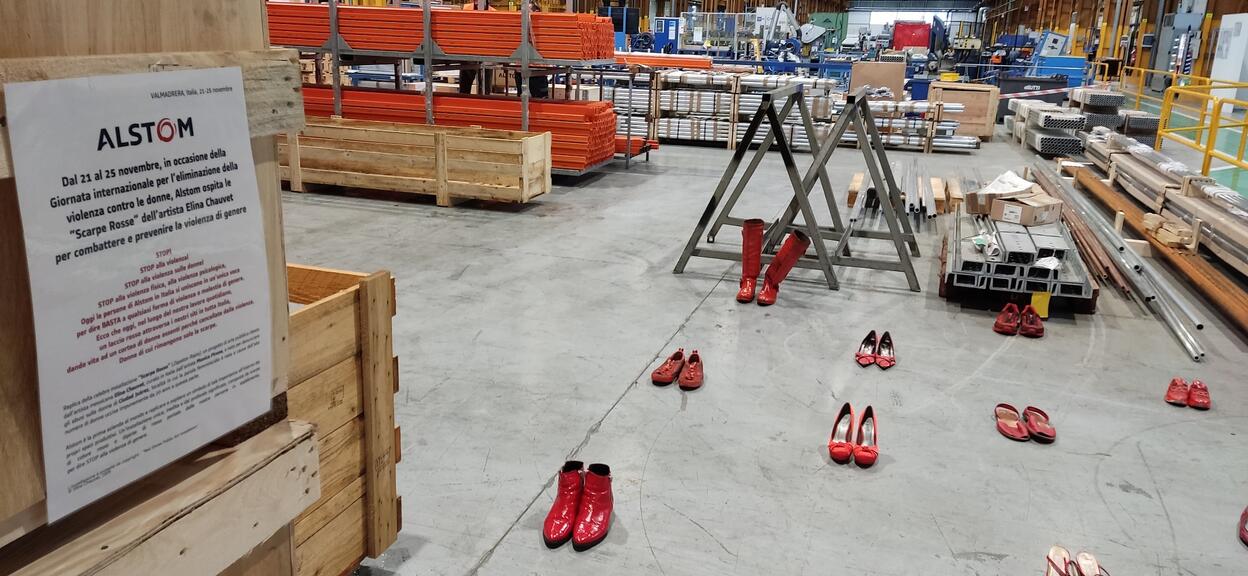 Red shoes installation Italy November 2022 Valmadrera site