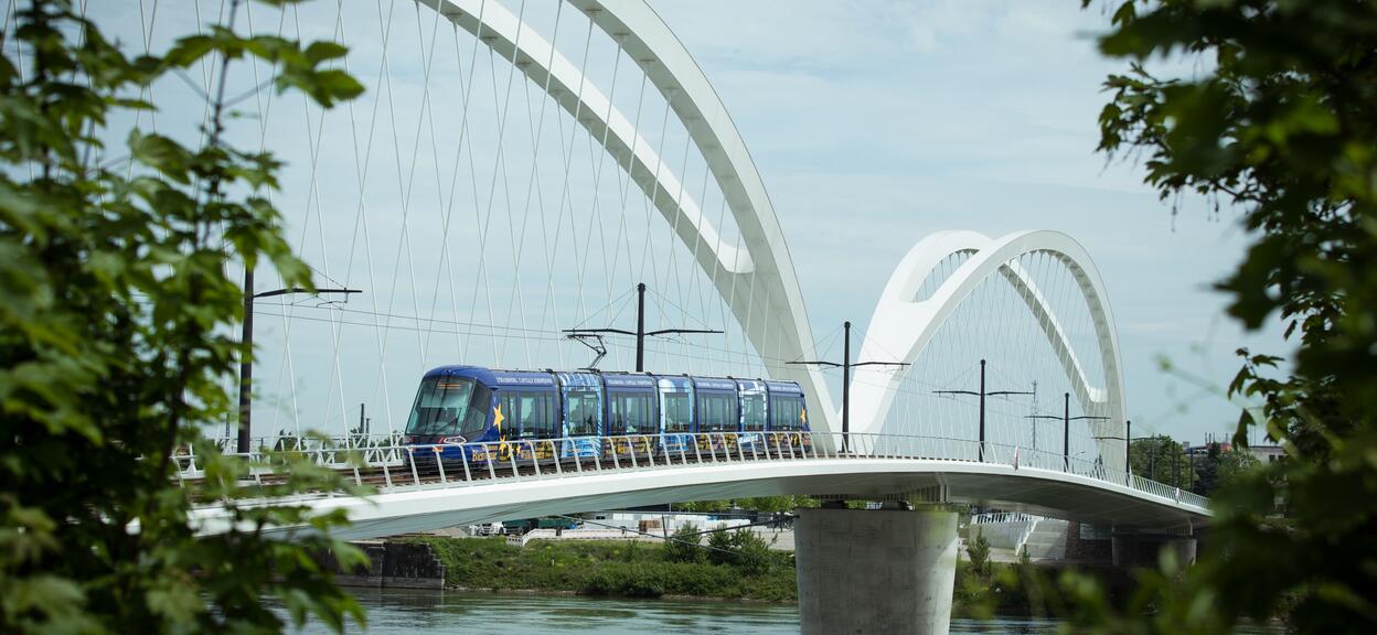 Alstom Citadis tram crossing a bridge in Strasbourg