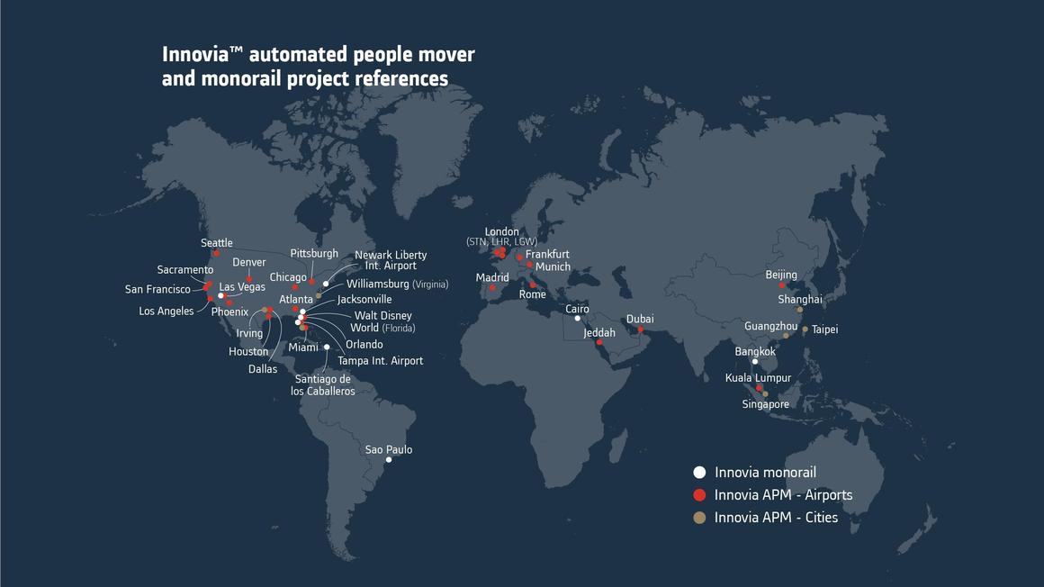 Map illustrating the global references of Alstom’s Innovia APM and monorail projects