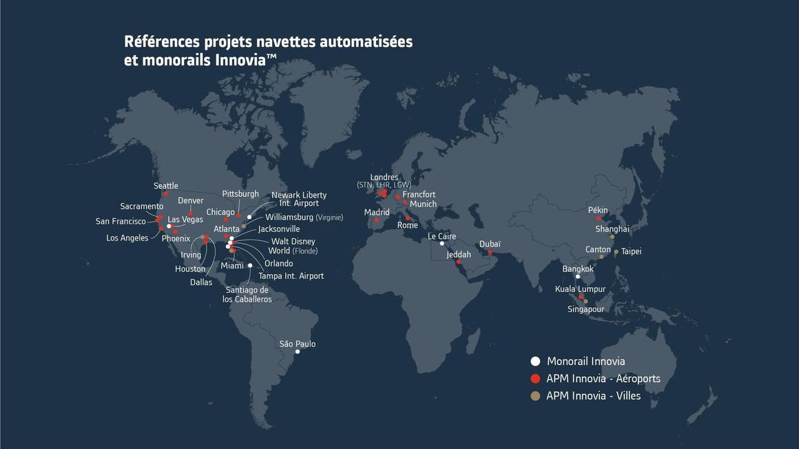 Carte illustrant les références mondiales des projets Innovia APM et monorail d’Alstom