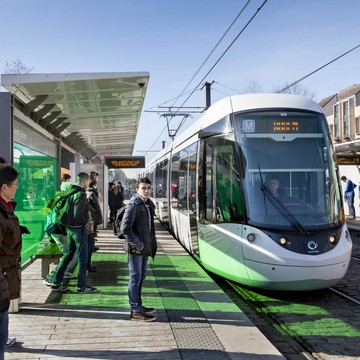 3/4 Front View of the Tramway at a station at Rouen.