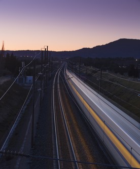 TGV Euroduplex rolling on the high speed line Avignon -Marseille at sunrise. France 