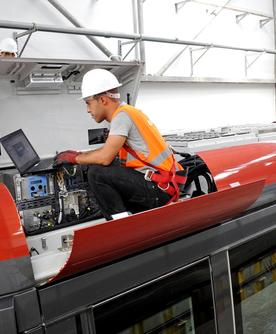 Citadis inside the maintenance depot (EMC) - People working on the roof of the tram - Casablanca - Morocco - November 2012