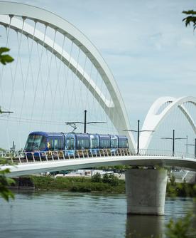 Alstom Citadis tram crossing a bridge in Strasbourg