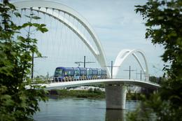 Alstom Citadis tram crossing a bridge in Strasbourg