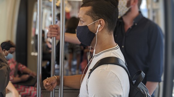 Paris Metro passengers with face masks