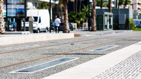 Tramway line n°2 equipped with SRS (ground-based static charging system). Nice. France. July 2018.