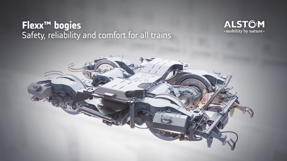 Graphic image of a train bogie with text: "Flexx bogies: Safety, reliability and comfort for all trains"