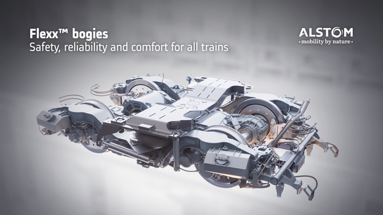 Copyright: ALSTOM SA 2023. Advanced & Creative Design Graphic image of a train bogie with text: "Flexx bogies: Safety, reliability and comfort for all trains"