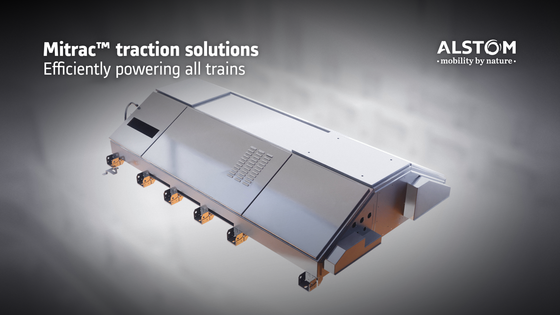 Graphic image of a traction solution for a train with text: "Mitrac traction solutions: Efficiency powering all trains"