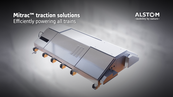 Copyright: ALSTOM Advanced & Creative Design Graphic image of a traction solution for a train with text: "Mitrac traction solutions: Efficiency powering all trains"